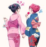  2girls alternate_hairstyle black_hair candy_apple dobasisi double_bun fang fish goldfish highres holding_hands japanese_clothes kimono love_live!_school_idol_project multiple_girls nishikino_maki open_mouth red_eyes redhead short_hair simple_background squiggle tongue violet_eyes yazawa_nico 