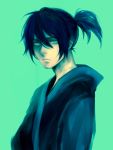  1boy aqua_background black_hair blue_eyes frown looking_at_viewer male noragami simple_background solo yato_(noragami) 