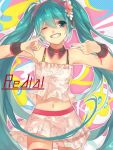  1girl camisole green_eyes green_hair grin hatsune_miku long_hair midriff nail_polish navel one_eye_closed re:dial_(vocaloid) run_(sweettimehappy) skirt smile solo twintails very_long_hair vocaloid 