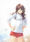  1girl bare_shoulders beach blush breasts brown_eyes brown_hair carina_(xiaowoo) hands_on_hips highres long_hair off_shoulder original parted_lips revision short_shorts shorts solo sweater 