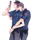  2boys adam&#039;s_apple belt belt_pouch brown_hair clipboard free! hat hug hug_from_behind male matsuoka_rin multiple_boys paper police police_uniform profile red_eyes redhead short_hair short_sleeves simple_background standing suien_(pipe9) uniform white_background wrist_grab yamazaki_sousuke 