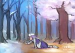  1girl all_fours apron arm_up artist_name bare_tree bloomers cherry_blossoms closed_eyes dated dragging dress frown hat ichiba_youichi letty_whiterock open_mouth outdoors purple_dress purple_hair seasons short_hair snow socks solo spring_(season) text touhou tree trembling underwear white_hat winter 