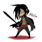  1boy artist_request black_hair blood cape character_name chibi grey_eyes grin long_hair male scp-076-2 scp_foundation sharp_teeth slit_pupils smile solo standing sword topless weapon 