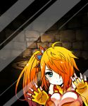  1girl against_glass ahoge aqua_eyes bare_shoulders breast_press breasts breasts_on_glass china_dress chinese_clothes cleavage dress elbow_gloves fingerless_gloves fourth_wall glass gloves large_breasts leiran_(p&amp;d) long_hair looking_at_viewer orange_dress orange_gloves orange_hair phone_screen phone_wallpaper pikomarie ponytail puzzle_&amp;_dragons side_ponytail sleeveless sleeveless_dress smile solo stone stone_wall wall wallpaper 