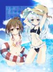  2girls bikini blue_eyes brown_eyes brown_hair folded_ponytail hat hibiki_(kantai_collection) ikusa_(puchi) inazuma_(kantai_collection) innertube kantai_collection long_hair multiple_girls silver_hair sun_hat swimsuit 