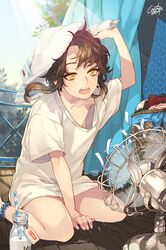  1girl anklet basket bottle brown_hair cooru drinking_straw hot jewelry milk mole short_hair sita_vilosa sitting solo sweat sword_girls t-shirt towel yellow_eyes 