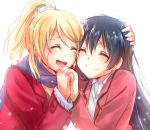  2girls ayase_eli blonde_hair blue_hair blush closed_eyes hand_on_head holding_hands interlocked_fingers long_hair love_live!_school_idol_project multiple_girls open_mouth ponytail sakura_ai_ke short_hair smile snow sonoda_umi tears 