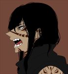  1boy artist_request black_hair grey_eyes long_hair male open_mouth scp-076-2 scp_foundation simple_background solo tattoo teeth 