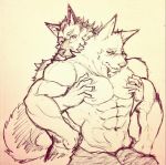  2boys animal_ears animal_tail character fur hug kemono kemonobito leakage_summer muscle shorts simple_background sketch stan wolf 