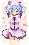  1girl ^_^ blue_hair blush closed_eyes hands_on_own_cheeks hands_on_own_face hat heart merlin_prismriver revision sala_mander short_hair slime solo touhou wavy_mouth 