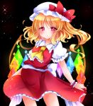  1girl :/ ascot black_background blonde_hair contrapposto flandre_scarlet hat hat_ribbon juemid_luna looking_at_viewer mob_cap puffy_short_sleeves puffy_sleeves red_eyes ribbon short_hair short_sleeves side_ponytail skirt skirt_hold skirt_set solo sparkle touhou wind wrist_cuffs 