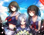  3girls black_hair blue_eyes blush bouquet breasts choukai_(kantai_collection) cis_(carcharias) cleavage crop_top crop_top_overhang flower glasses grin hair_ornament hair_over_one_eye hairclip hamakaze_(kantai_collection) headgear kantai_collection long_hair looking_at_viewer maya_(kantai_collection) midriff multiple_girls navel open_mouth red_eyes revision school_uniform serafuku short_hair silver_hair skirt smile 