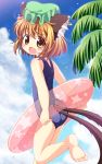  1girl animal_ears ass back blue_sky blush brown_eyes brown_hair cat_ears cat_tail chen clouds ear_piercing fang flat_chest innertube jewelry looking_at_viewer looking_back mob_cap multiple_tails open_mouth palm_tree piercing pila-pela school_swimsuit single_earring sky smile solo swimsuit tail touhou tree 