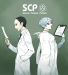  2boys artist_request black_hair blue_eyes blue_hair clipboard copyright_name gears_(scp) glasses hand_in_pocket iceberg_(scp) labcoat logo looking_back male multiple_boys necktie paper scp_foundation 