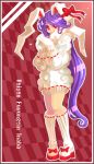  1girl alternate_costume animal_ears boots bow character_name checkered checkered_background long_hair looking_at_viewer mittens purple_hair rabbit_ears red_eyes reisen_udongein_inaba smile solo touhou winter_clothes yt_(wai-tei) 