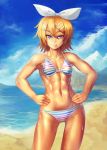  1girl abs beach bikini blonde_hair blue_eyes blue_sky clouds collarbone hair_ornament hair_ribbon hairclip hands_on_hips kagamine_rin muscle red_eyes ribbon short_hair sky smile solo striped striped_bikini striped_swimsuit sweat swimsuit vocaloid yilx 