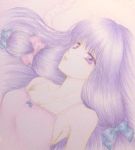  1girl bow breasts cleavage collarbone dress hair_ribbon hazuki_iku long_hair looking_up lying nightgown on_back on_bed parted_lips patchouli_knowledge pillow purple_hair ribbon solo touhou traditional_media tress_ribbon violet_eyes watercolor_(medium) 