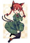  1girl animal_ears black_legwear bow braid breasts cat_day cat_ears cat_tail dress extra_ears fang green_dress hair_bow highres juliet_sleeves kaenbyou_rin large_breasts long_sleeves looking_at_viewer matsuri_uta nekomata one_eye_closed open_mouth pantyhose pointy_ears puffy_sleeves red_eyes redhead smile solo tail touhou twin_braids 