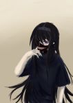  1girl absurdres akemi_homura beige_background black_hair face_mask hairband highres jewelry long_hair looking_at_viewer mahou_shoujo_madoka_magica mahou_shoujo_madoka_magica_movie mask one_eye_covered simple_background single_earring solo violet_eyes 