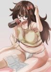  1girl bottle bow breasts brown_eyes brown_hair drinking fate/extra_ccc fate_(series) fundoshi glasses hair_bow jinako_carigiri large_breasts long_hair navel plump solo yohane 