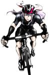  1girl akikusa_peperon animal_ears bicycle bicycle_helmet bike_jersey bike_shorts determined elbow_gloves gloves handlebar helmet highres muscle open_mouth purple_hair rabbit_ears red_eyes reisen_udongein_inaba simple_background small_breasts sweat tagme thick_thighs thighs toned touhou white_background 