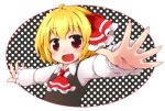  1girl blonde_hair blush fang hair_ribbon jagabutter open_mouth outstretched_arms red_eyes ribbon rumia short_hair smile solo spread_arms touhou 