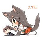  1girl akagi_(kantai_collection) all_fours animal_ears black_hair cat_day cat_ears cat_tail character_doll dated kaga_(kantai_collection) kantai_collection paws rebecca_(keinelove) shirt side_ponytail skirt tail yellow_eyes 