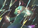  1girl artist_name attack black_ribbon blonde_hair dated dress electricity from_side green_dress green_eyes hat hat_ribbon ichiba_youichi light_particles long_sleeves open_mouth ribbon short_hair side_view soga_no_tojiko solo tate_eboshi text touhou 