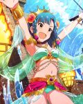  &gt;:d 1girl :d armlet bikini blue_hair blush bracelet braid crown flower flower_on_head idolmaster idolmaster_million_live! jewelry looking_at_viewer nanao_yuriko necklace open_mouth smile swimsuit yellow_eyes 