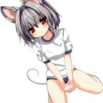  1girl 5240mosu absurdres alternate_costume animal_ears blush buruma grey_hair gym_uniform heart heart-shaped_pupils highres mouse_ears mouse_tail nazrin red_eyes short_hair sitting solo symbol-shaped_pupils tail touhou wariza 