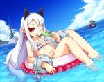  1girl bare_shoulders barefoot bikini black_sclera blush cuffs demon_girl dripping earrings horns innertube jewelry long_hair mizuno_mumomo navel one_eye_closed phantom_kingdom pointy_ears popsicle pram prinny red_eyes soaking_feet solo striped striped_bikini striped_swimsuit swimsuit white_hair wings 