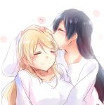  2girls ayase_eli blonde_hair blue_hair blush closed_eyes forehead_kiss hair_down hand_on_head kiss long_hair love_live!_school_idol_project multiple_girls sakura_ai_ke smile sonoda_umi yuri 