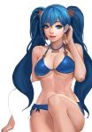  1girl bikini blue_bikini blue_eyes blue_hair blush breasts cherrylich ear_ornament hair_ornament highres jewelry league_of_legends long_hair necklace open_mouth smile solo sona_buvelle star swimsuit tattoo twintails 