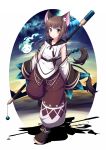  1girl :3 animal_ears brown_hair cat_ears cat_tail earrings green_eyes hair_ornament highres holding jewelry knife looking_at_viewer multiple_tails original parted_lips revision short_hair silhouette staff tail ugume walking wide_sleeves 