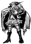  1girl boots bow cape disembodied_head hair_bow hand_on_hip long_sleeves looking_at_viewer monochrome red_eyes sekibanki short_hair simple_background sketch skirt smile solo spot_color touhou transparent_background yt_(wai-tei) 