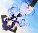  1girl ahoge aqua_eyes black_gloves black_legwear blue_hair elbow_gloves gloves hitapita kantai_collection long_hair low_twintails lying ribbon school_uniform serafuku smile suzukaze_(kantai_collection) thigh-highs twintails water 