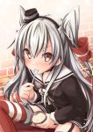  amatsukaze_(kantai_collection) blush eating food garter_straps highres ice_cream kantai_collection looking_at_viewer makimaru personification silver_hair spoon thigh-highs 