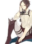  1girl boots brown_hair goggles goggles_removed hange_zoe shingeki_no_kyojin short_hair simple_background sitting solo three-dimensional_maneuver_gear toshimasa_(serialism) white_background 