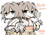  2girls :d back-to-back brown_eyes brown_hair crossed_arms hyuuga_(kantai_collection) ise_(kantai_collection) japanese_clothes kantai_collection multiple_girls open_mouth pleated_skirt ponytail short_hair skirt smile torihamu white_background yellow_skirt 