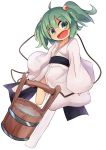  1girl absurdres amakoke bucket fang green_eyes green_hair hair_bobbles hair_ornament highres japanese_clothes kimono kisume kneehighs long_sleeves looking_at_viewer open_mouth rope sash simple_background smile solo touhou twintails water white_background white_legwear wide_sleeves yukata 