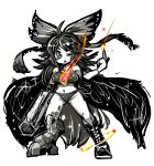  1girl arm_cannon black_hair bow bra cape hair_bow index_finger_raised long_hair looking_at_viewer monochrome one_eye_closed panties reiuji_utsuho simple_background solo spot_color third_eye touhou underwear weapon white_background wings yt_(wai-tei) 