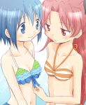  2girls bare_shoulders bikini blue_eyes blue_hair blush bust flat_gaze frilled_bikini frills hair_ornament halterneck isora long_hair mahou_shoujo_madoka_magica miki_sayaka multiple_girls red_eyes redhead sakura_kyouko short_hair smile striped striped_bikini striped_swimsuit swimsuit tareme yuri 