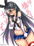  1girl black_hair breasts cosplay elbow_gloves gloves hairband haruna_(kantai_collection) highleg highleg_panties highres kantai_collection long_hair navel panties personification shimakaze_(kantai_collection) shimakaze_(kantai_collection)_(cosplay) skirt skirt_pull solo striped striped_legwear thigh-highs twitter_username underwear very_long_hair white_gloves yapo yellow_eyes 