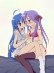  2girls ahoge bare_shoulders bed blue_eyes blue_hair blush bra chemise commentary_request flat_chest green_eyes hair_ribbon hiiragi_kagami holding_hands izumi_konata lingerie long_hair lucky_star mel_(artist) midriff mole multiple_girls no_panties panties purple_hair revision ribbon socks strap_slip thigh-highs tsurime twintails underwear yuri 