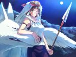  1girl aqua_eyes brown_hair earrings facial_mark headgear holding jewelry looking_at_viewer mononoke_hime moon moro_no_kimi necklace night night_sky polearm san short_hair sky smile spear star_(sky) starry_sky weapon wolf zoff_(daria) 