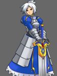  1girl armor armored_dress brown_eyes cosplay dress excalibur fate/stay_night fate_(series) folded_ponytail frown gauntlets grey_background league_of_legends mr_kunimitsu riven_(league_of_legends) saber saber_(cosplay) short_hair silver_hair simple_background solo 