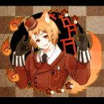  1boy axis_powers_hetalia blonde_hair fang gloves hat inrice male mini_top_hat necktie open_mouth red_eyes ribbon romania_(hetalia) short_hair smile solo top_hat 