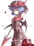  1girl alternate_costume bat_wings blue_hair bow dress flower hat hat_bow hillly_(maiwetea) red_eyes remilia_scarlet ribbon rose short_hair simple_background sleeveless solo spear_the_gungnir thigh-highs touhou white_background wings 