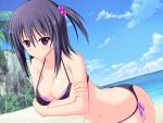  1girl beach bikini black_hair breasts cleavage leaning_forward original pink_eyes sakurai_ronoyuki short_hair swimsuit 