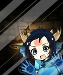 1girl :d against_glass black_hair blue_dress blue_gloves china_dress chinese_clothes dragon_girl dragon_horns dress fourth_wall glass gloves head_fins horns karin_(p&amp;d) long_hair looking_at_viewer open_mouth phone_screen phone_wallpaper pikomarie puzzle_&amp;_dragons short_sleeves smile solo stone stone_wall wall wallpaper 